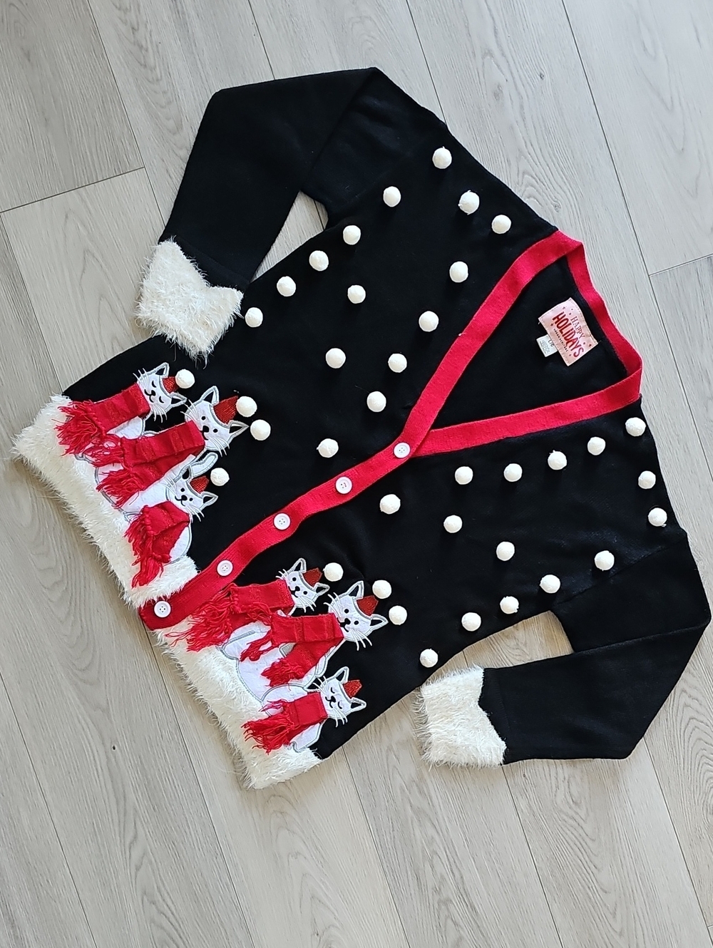 Ugly Christmas Sweater, Crazy Cat Lady Pom Pom Applique Cardigan Sweater, Large